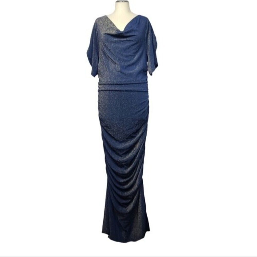 Shein Blue Gold Metallic Shimmer Bodycon Cowl Slit Sleeves Mermaid Maxi Dress